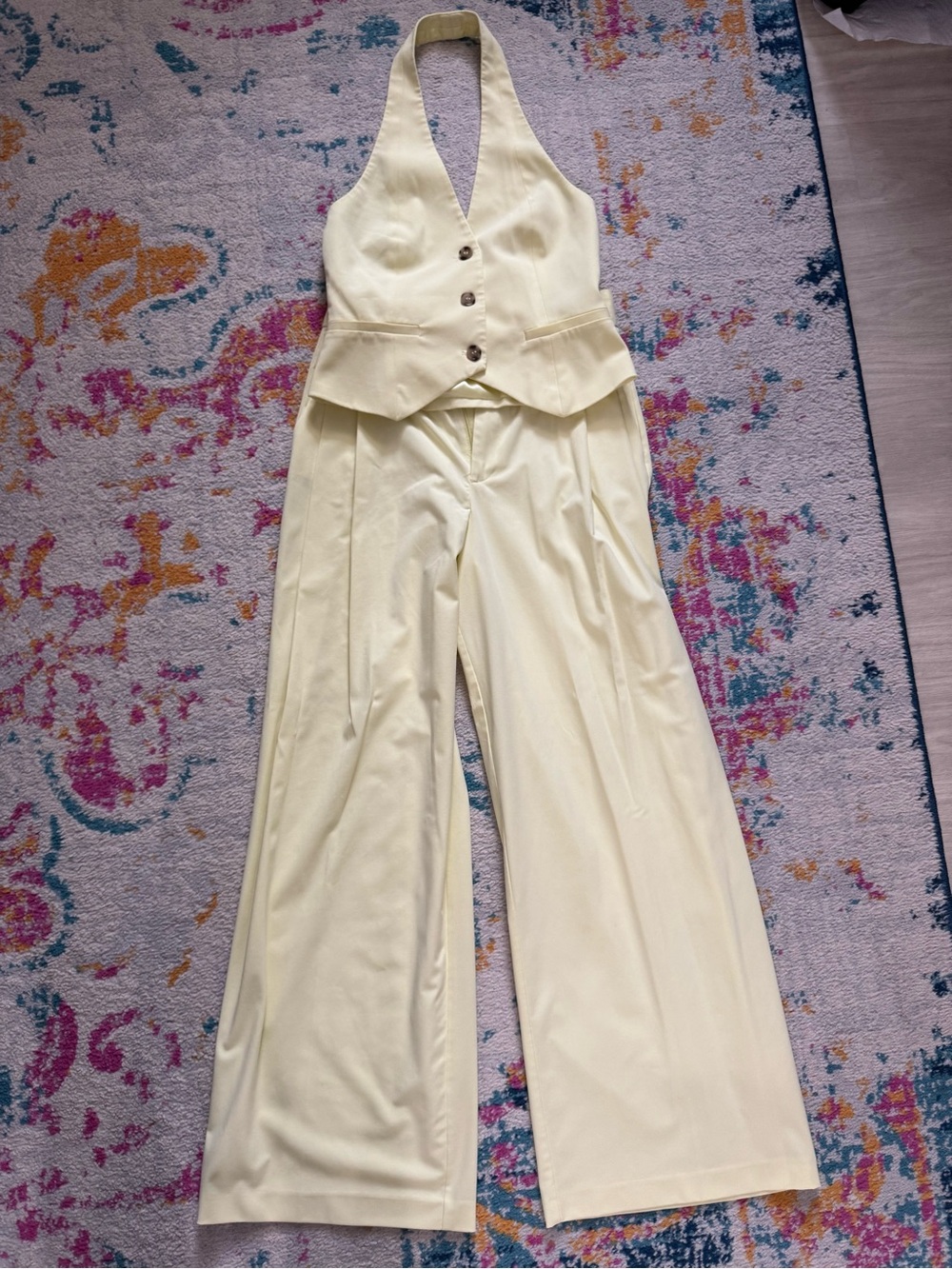 Zara Pale Yellow Halter Vest and Wide-Leg Pants Set